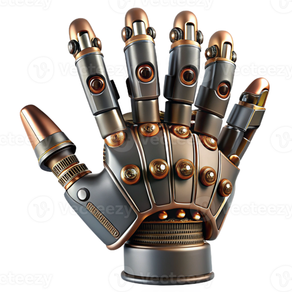 iconic renaissance Ultra-detailed, photorealistic professional render of a steampunk robotic hand with articulated fingers and exposed wiring Isolated cutout with Transparent Background high quality png