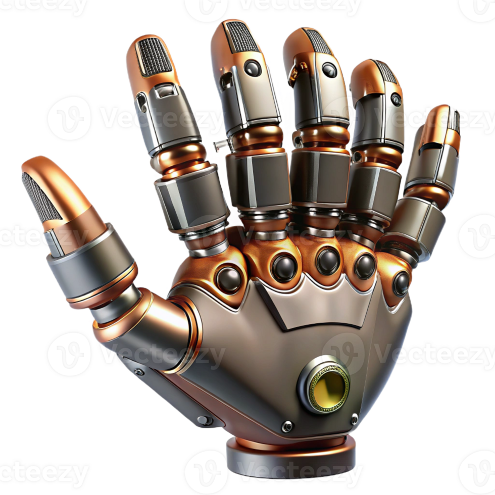 dreamy radiant Ultra-detailed, photorealistic professional render of a steampunk robotic hand with articulated fingers and exposed wiring Isolated cutout with Transparent Background genuine png