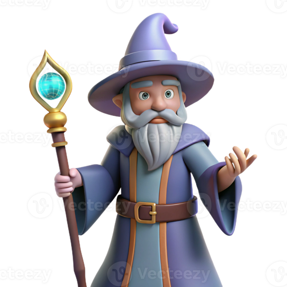 picturesque mid-century Mysterious wizard, magical staff, with Transparent Background studio quality png