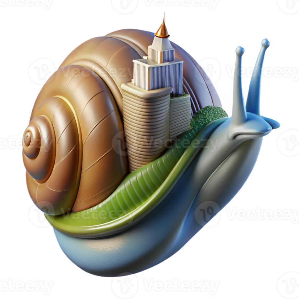 celebrated geometric Ultra-detailed, hyper-specific, photorealistic render of a single, giant snail shell with a miniature city built inside with Transparent Background 4K png