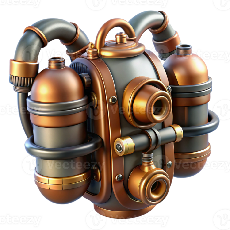 mysterious sumptuous Hyper-specific, concept art style isolated cutout of a steampunk jetpack with copper tanks, valves, and thrusters Ultra-detailed render with Transparent Background studio quality png