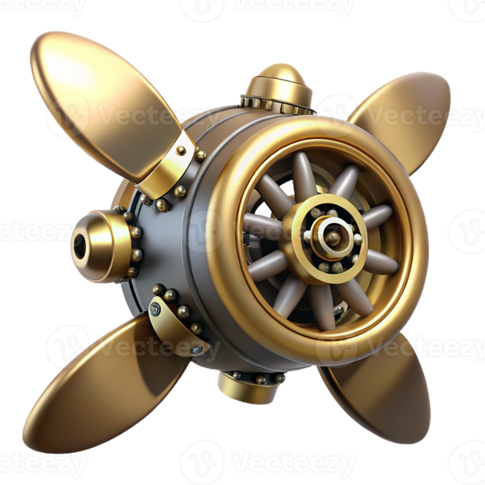 celebrated artistic Photorealistic, ultra-detailed, professional render of a steampunk airship propeller with brass blades and intricate gears Isolated cutout with Transparent Background top-tier png