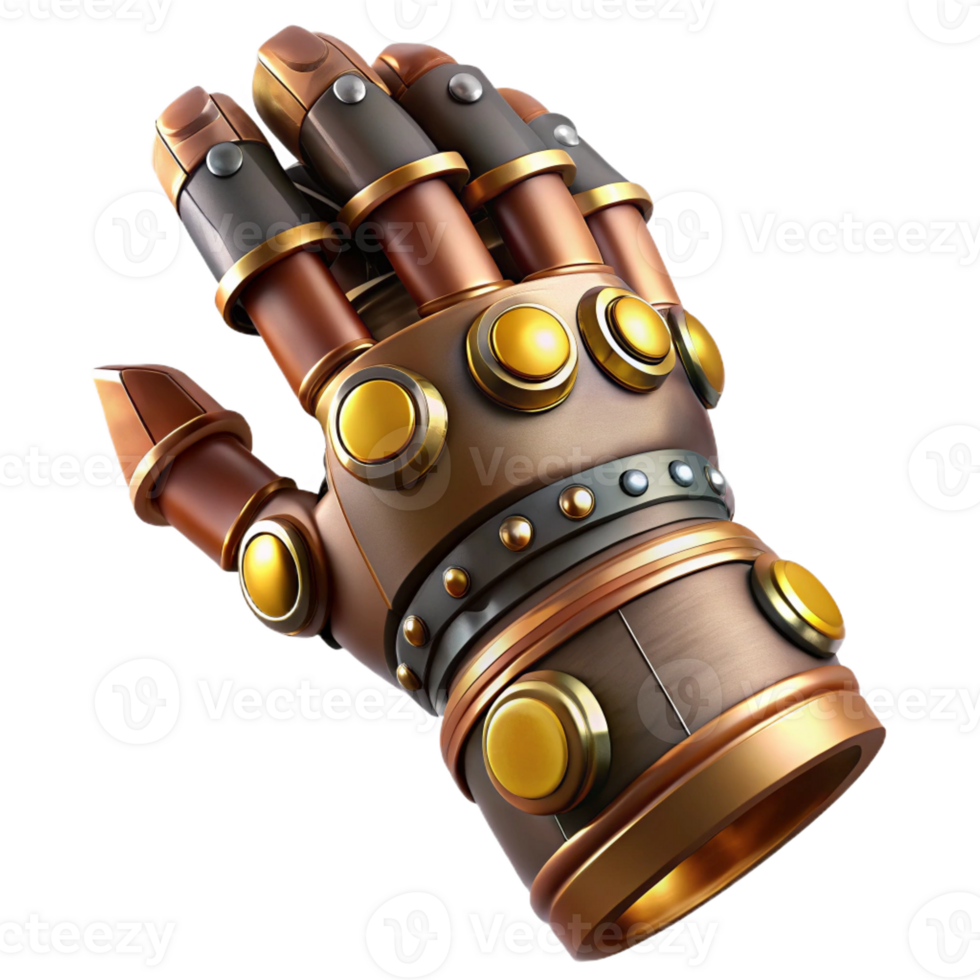 memorable vintage Concept art style, isolated cutout of a steampunk gauntlet with articulated fingers and brass plating Hyper-specific, ultra-detailed with Transparent Background high resolution png