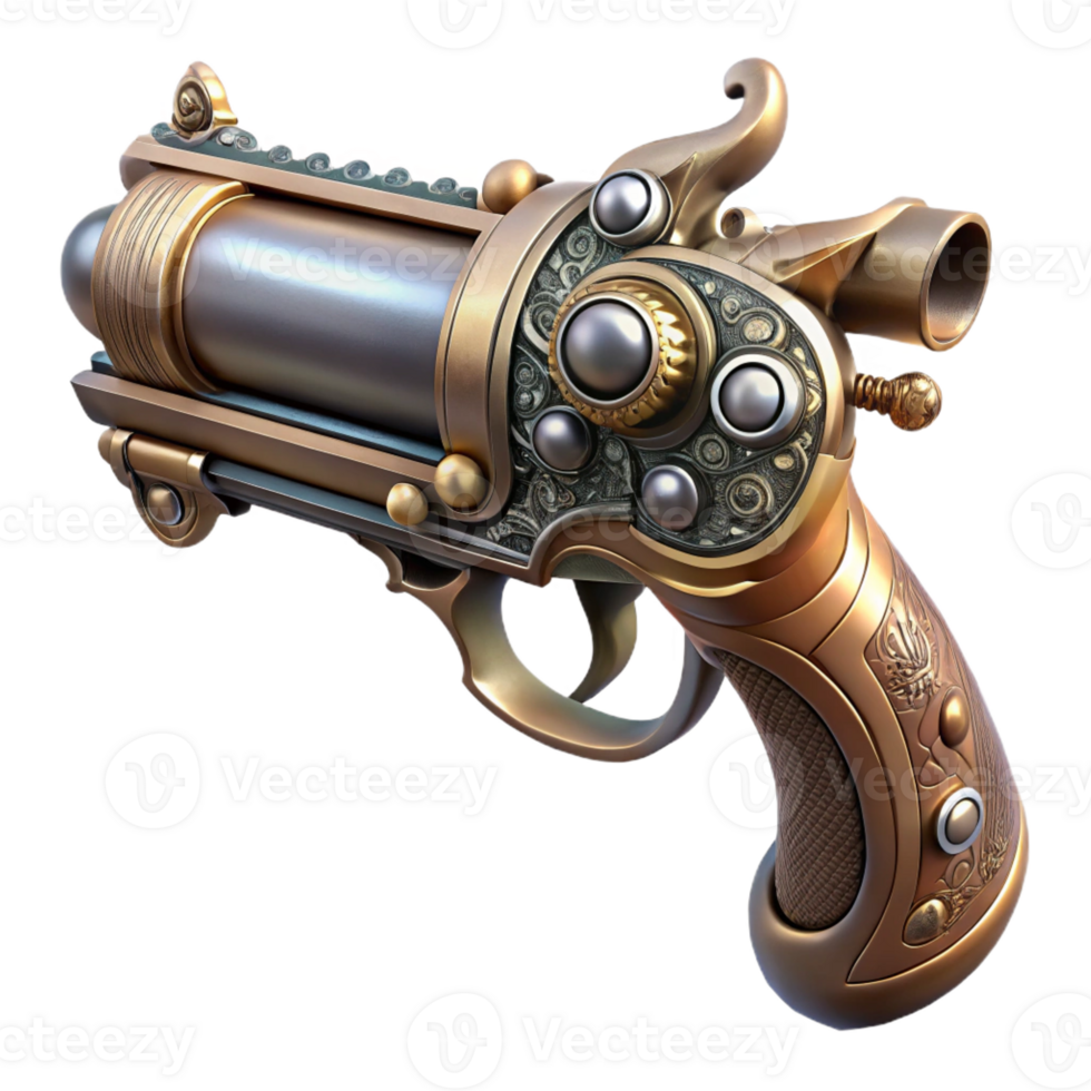 inspired traditional Ultra-detailed, hyper-specific professional render of a steampunk pistol with ornate engravings and pearl grips Isolated cutout with Transparent Background 8K png