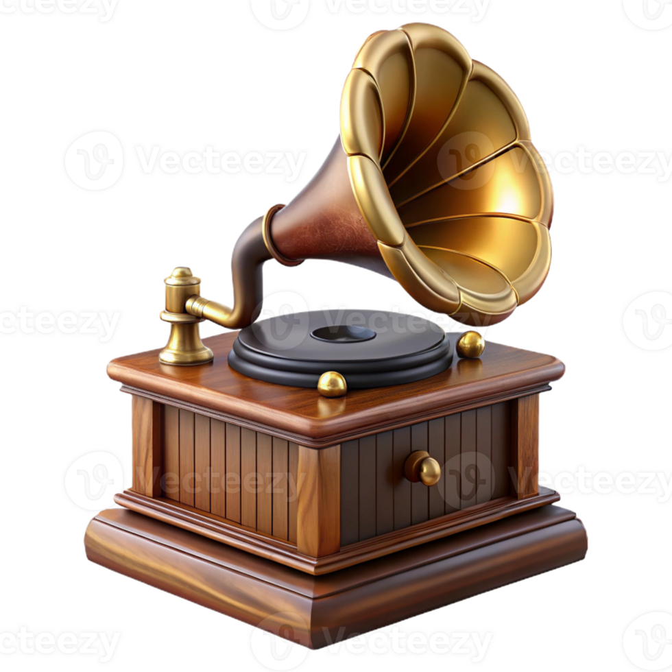 extraordinary exceptional Isolated cutout of a steampunk phonograph with a brass horn and ornate wooden base Photorealistic, ultra-detailed, professional render with Transparent Background png