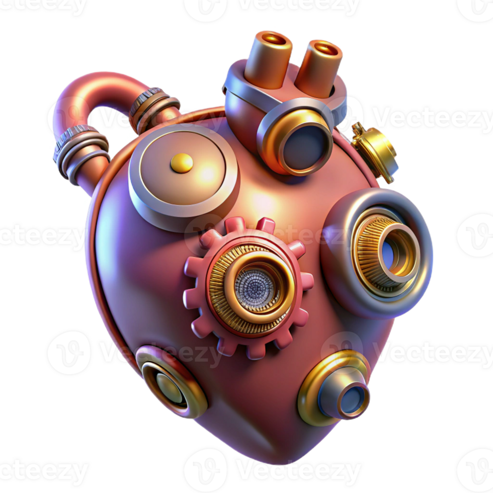 wonderful organic Ultra-detailed, concept art style, isolated cutout of a steampunk heart with gears, pipes, and glowing valves Hyper-specific render with Transparent Background sharp png