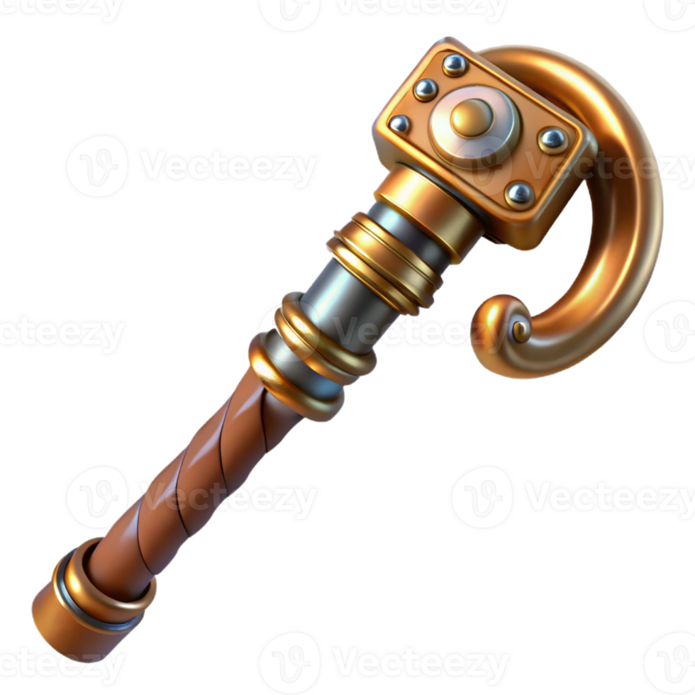 standout impressionist Photorealistic, hyper-specific professional render of a steampunk cane with a hidden blade and intricate carvings Isolated cutout with Transparent Background 8K png