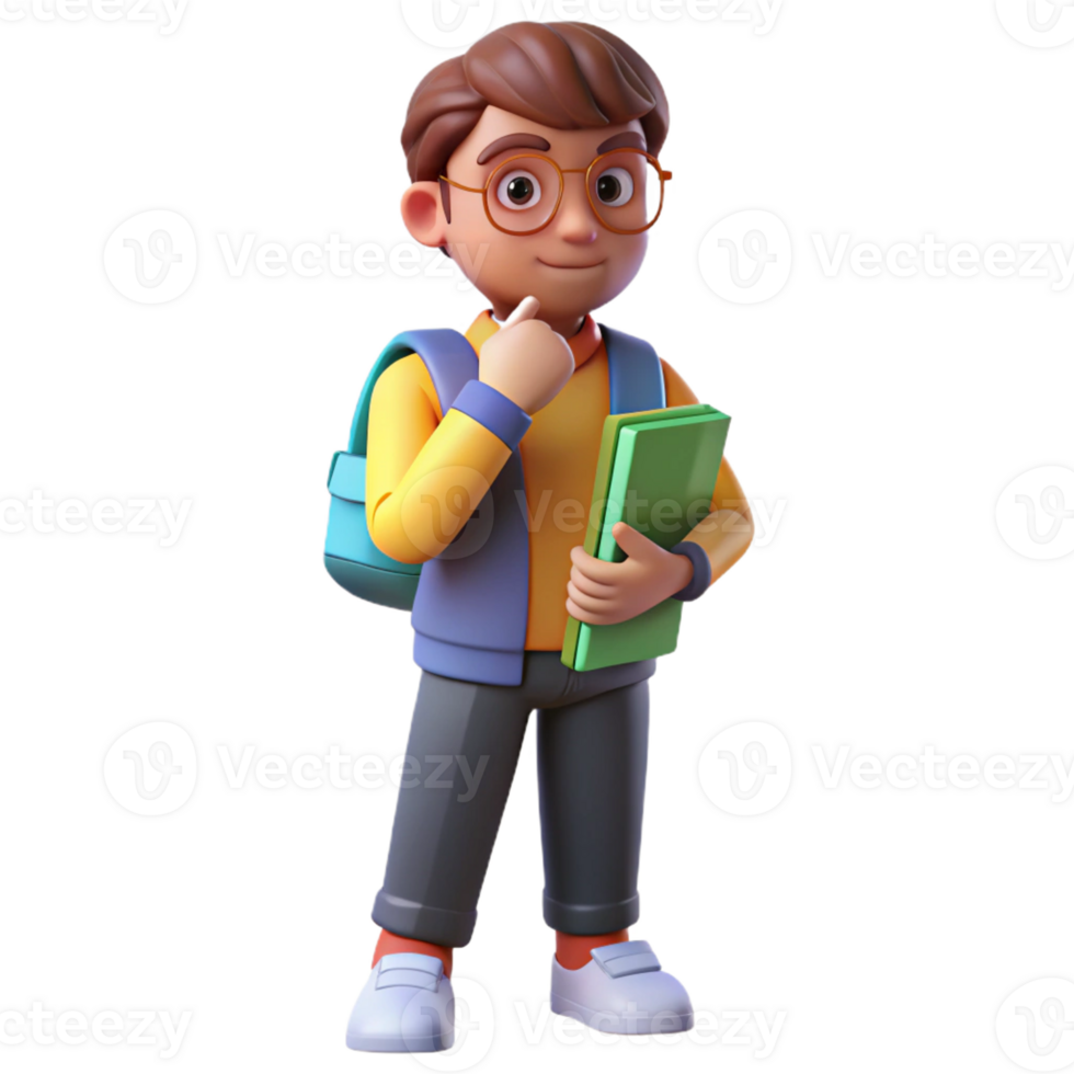 dazzling joyful classic Thinking student with books and backpack with Transparent Background high resolution png