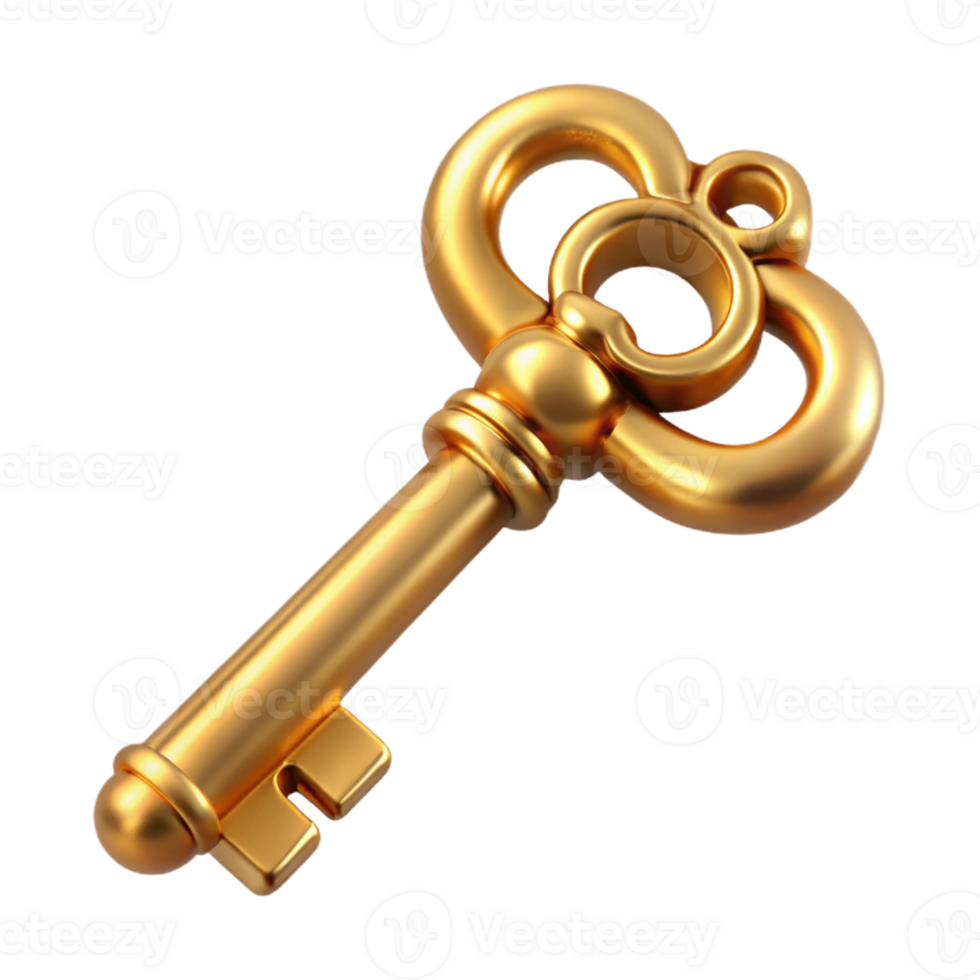 coveted mid-century Photorealistic, hyper-specific professional render, isolated cutout of an Art Nouveau key, ornate, intricate detailing, brass, with Transparent Background 4K png