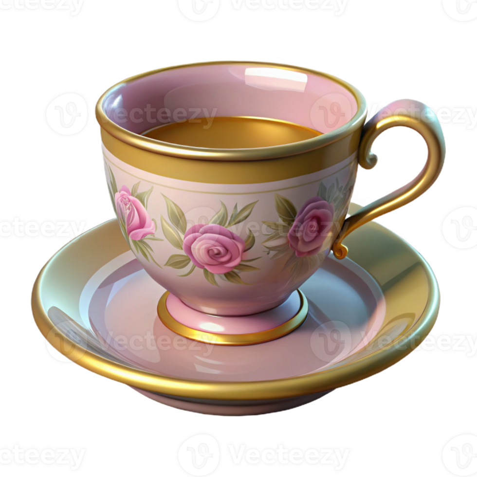 alluring remarkable Photorealistic, professional render, isolated cutout of an Art Nouveau teacup, porcelain, floral pattern, gilded rim, with Transparent Background png