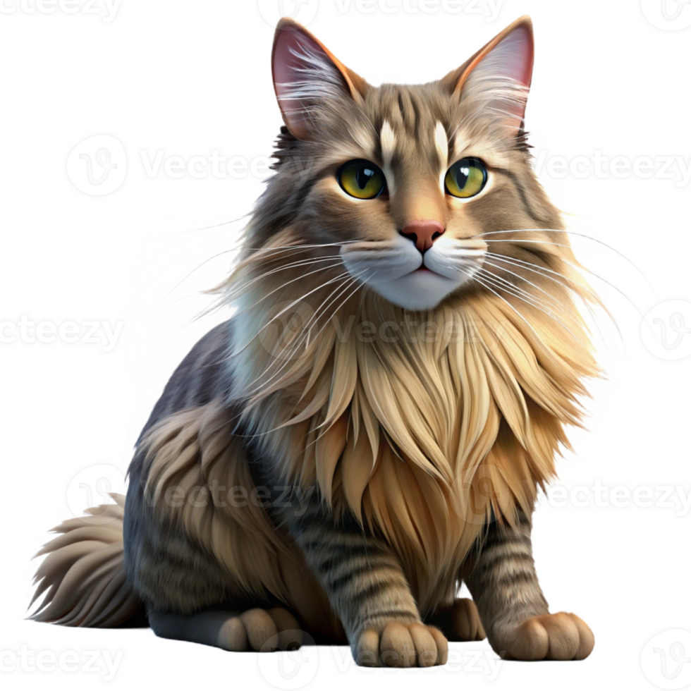 acclaimed artistic Maine cat, long fur, regal pose, with Transparent Background fine detail png