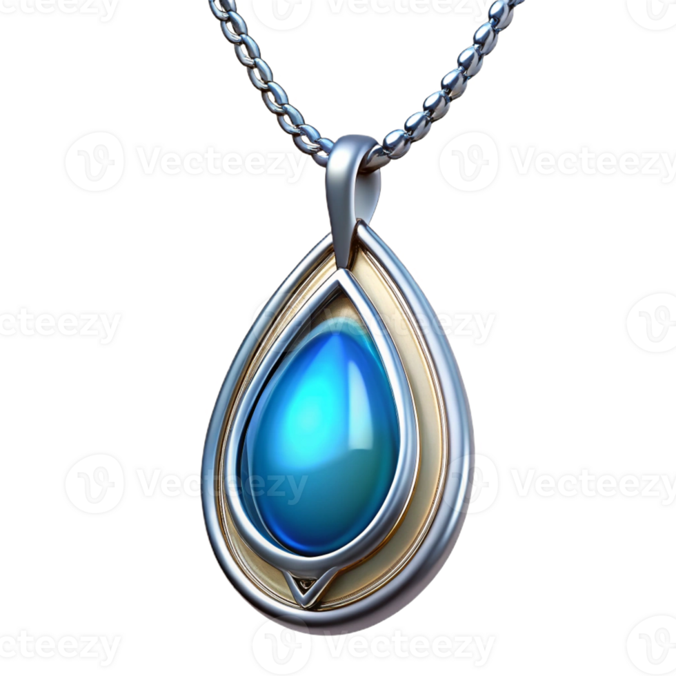 calm elegant Photorealistic professional render isolated cutout of an Art Nouveau pendant necklace, silver chain, teardrop shaped pendant, enamel inlay, with Transparent Background impeccable png