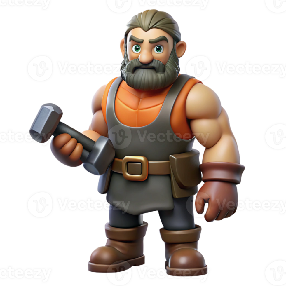 captivating iconic A muscular dwarf blacksmith holding a hammer with Transparent Background png