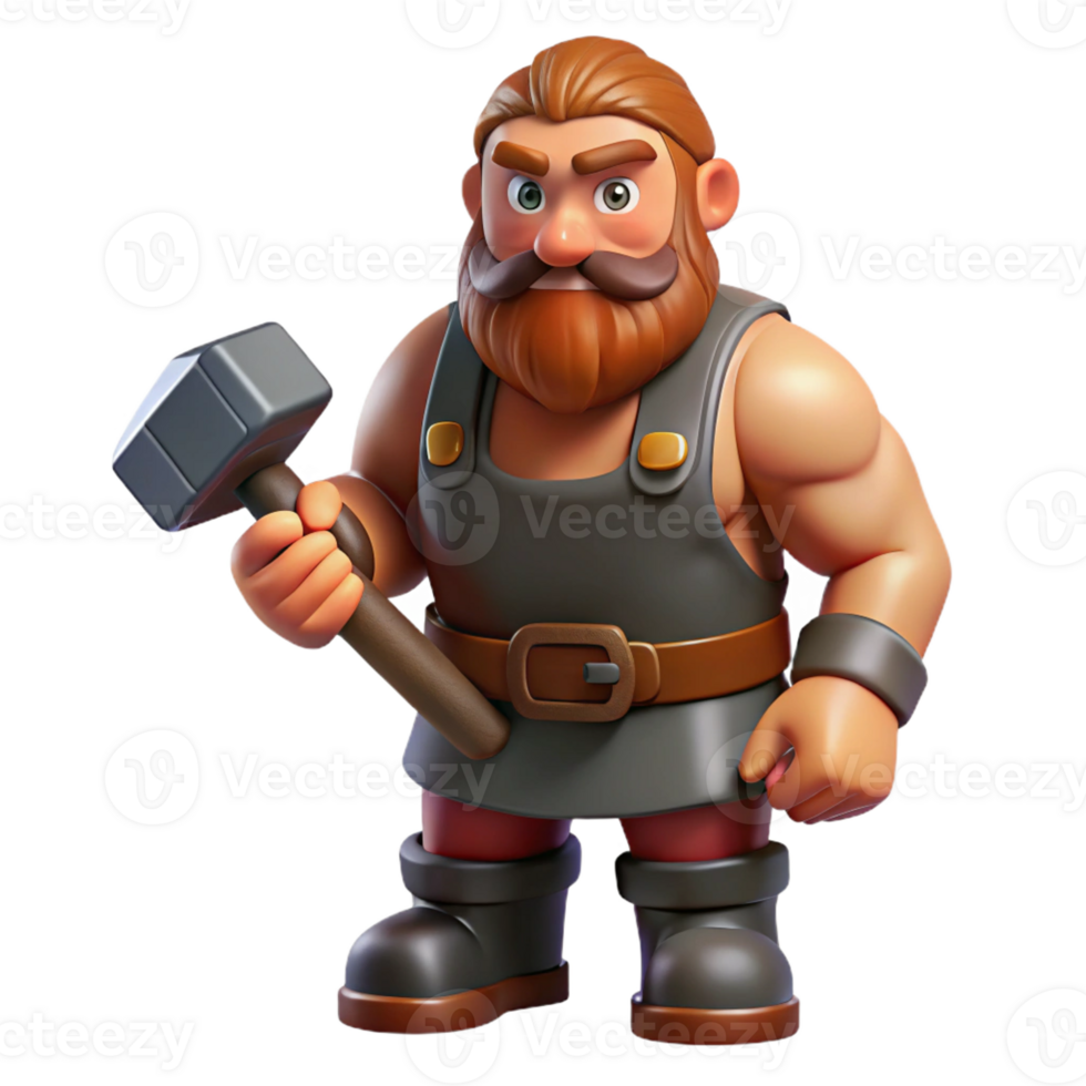 exceptional nordic A muscular dwarf blacksmith holding a hammer with Transparent Background 8K png