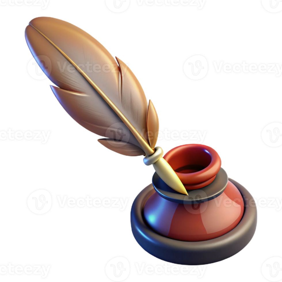enchanting distinguished Concept art style, hyper-specific isolated cutout of a vintage quill pen and inkwell with Transparent Background png