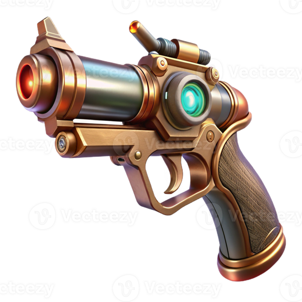 alluring modern Space pirate's laser pistol with ornate engravings and glowing energy cell with Transparent Background high resolution png