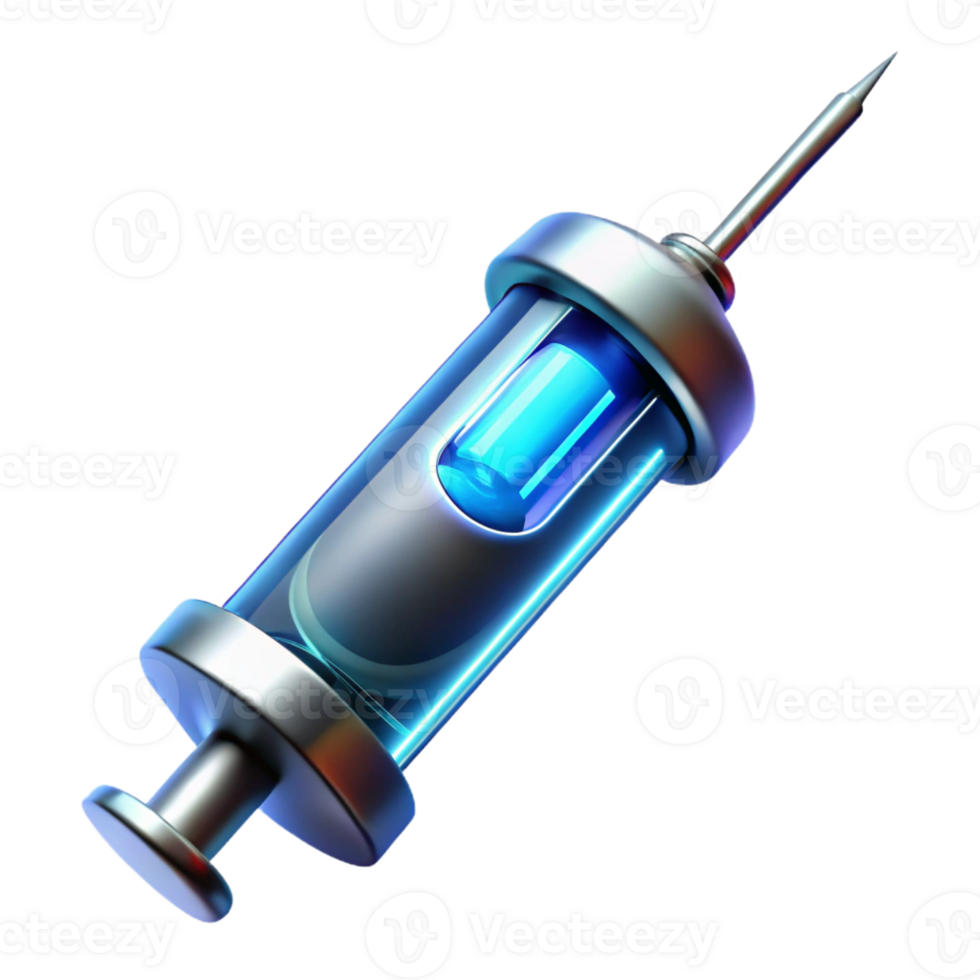 elegant urban Futuristic medical syringe with glowing liquid and digital display with Transparent Background expertly shot png