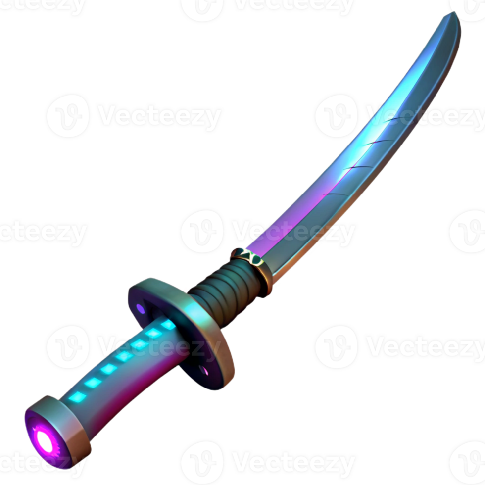 beautiful timeless Cyberpunk katana with glowing blade and ornate hilt with Transparent Background png
