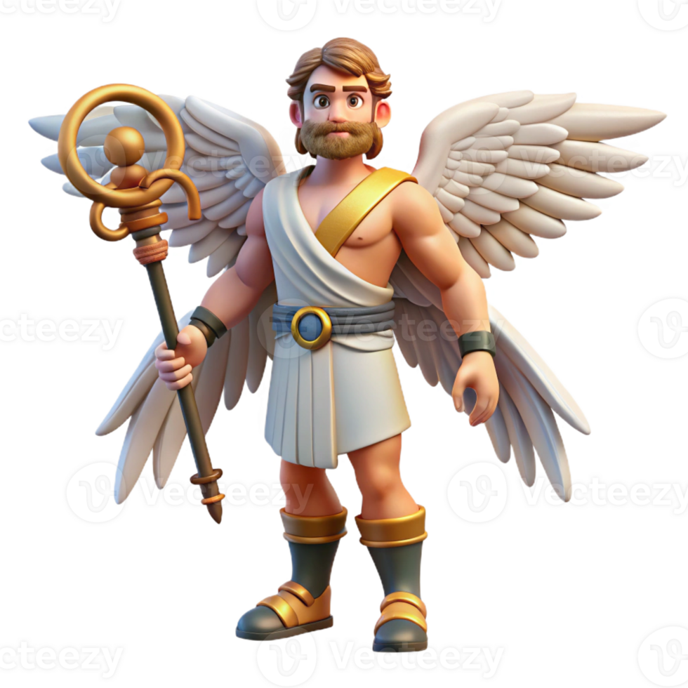 elegant distinctive Hermes, Messenger of the Gods, holding caduceus, winged sandals, with Transparent Background png