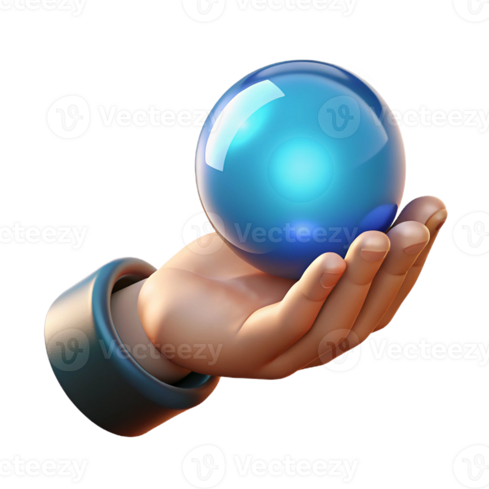 dramatic distinctive Isolated cutout of a photorealistic, hyper-specific, disembodied hand holding a miniature, glowing orb with Transparent Background png