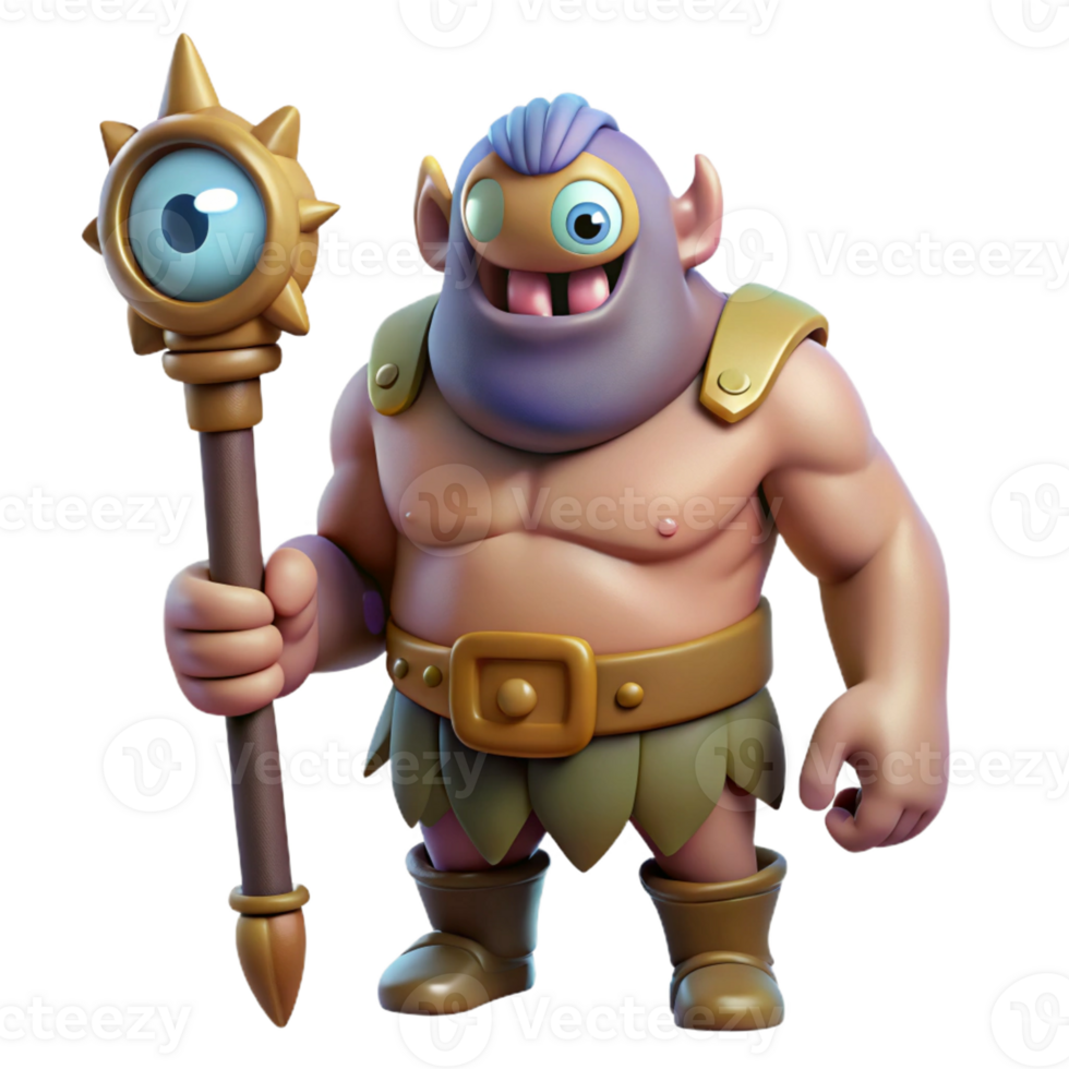 enchanting memorable Cyclops, one-eyed giant, fierce expression, holding club, with Transparent Background png