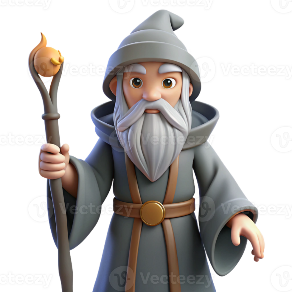 energetic exquisite A wise old wizard with a long white beard, holding a staff, with Transparent Background sharp png