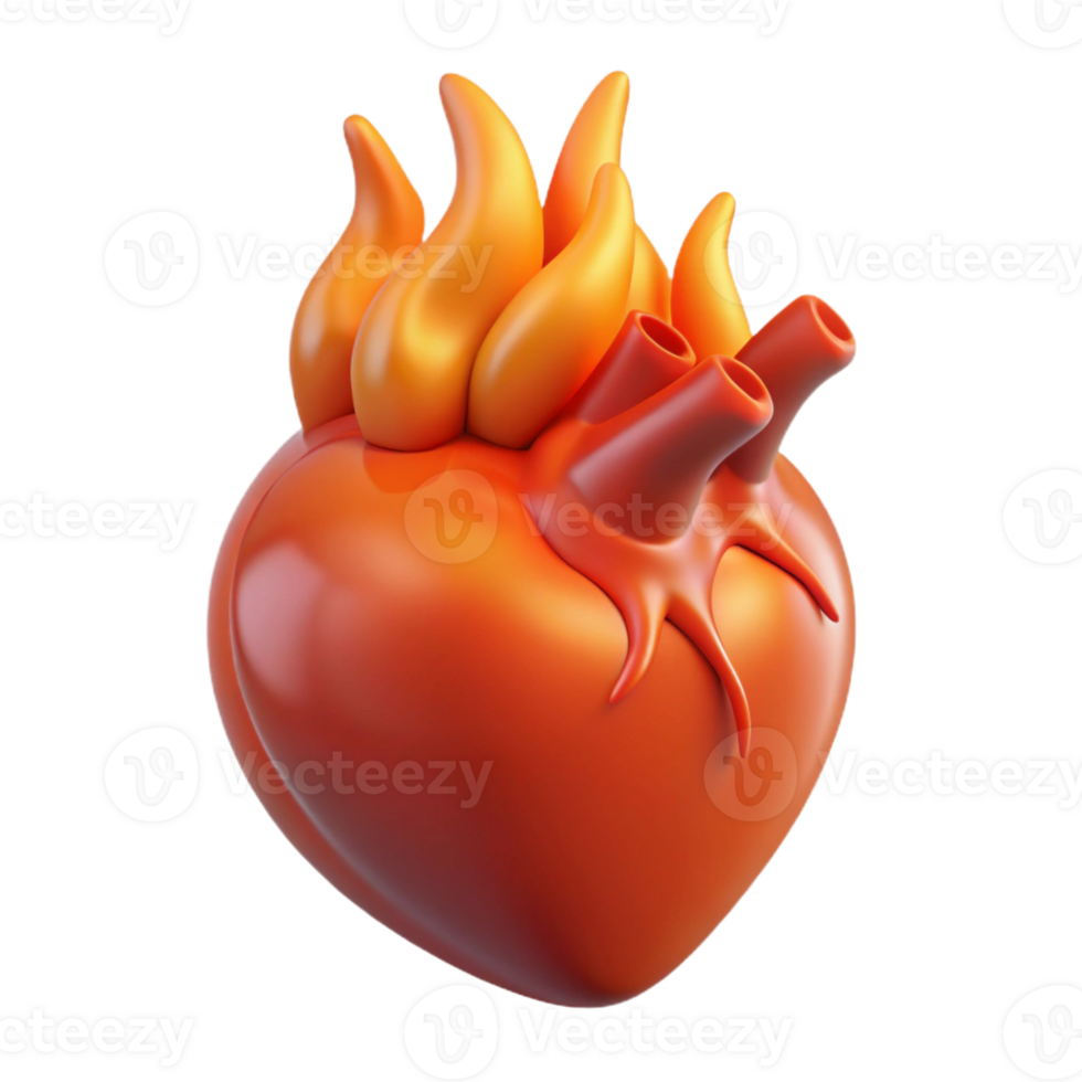 dynamic stunning A single, realistic, human heart engulfed in flames with Transparent Background high resolution png