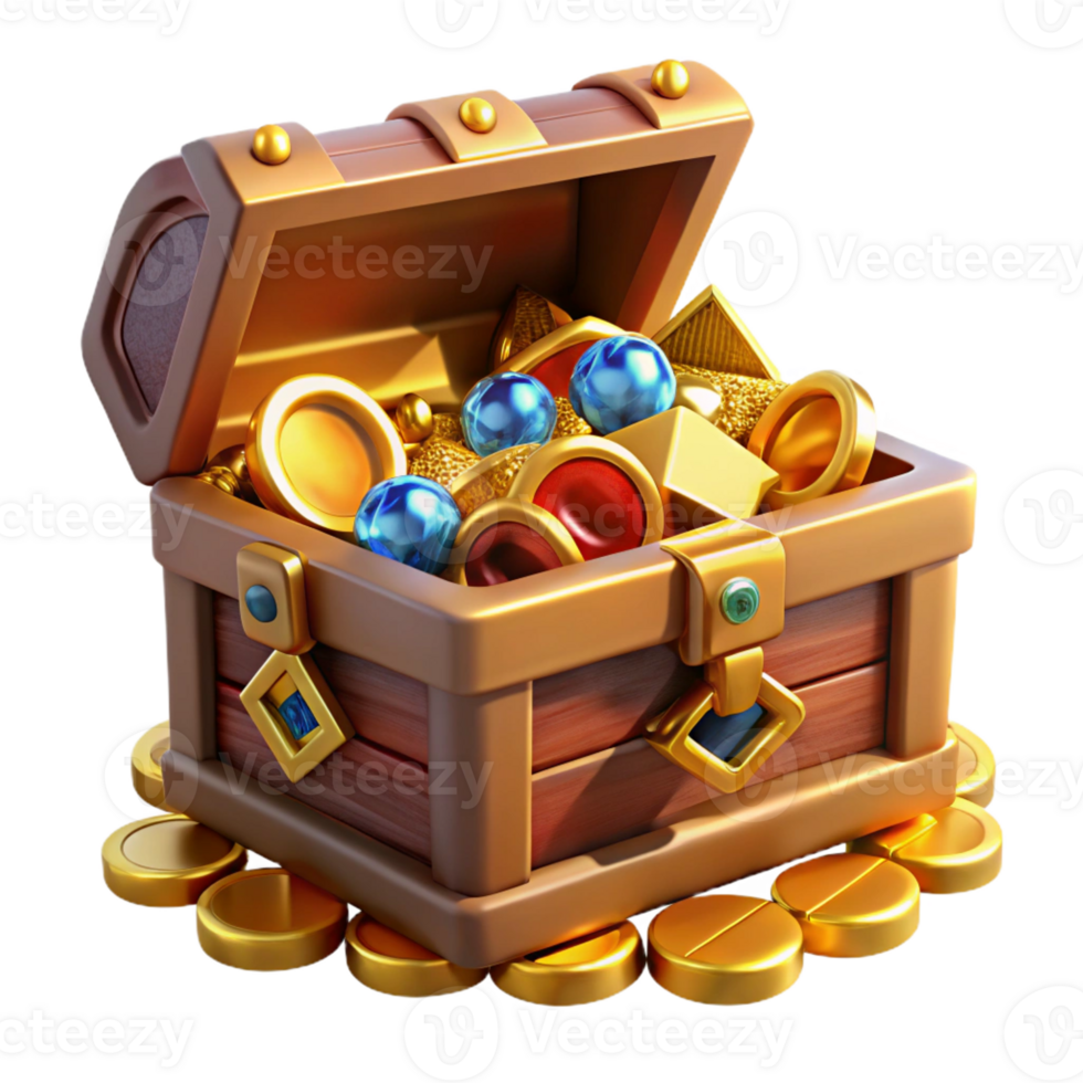 alluring harmonious creative A treasure chest overflowing with gold coins and jewels, with Transparent Background studio quality png