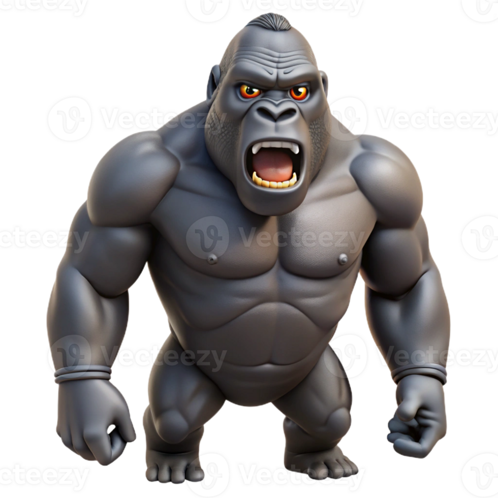 acclaimed mid-century Ultra-detailed professional render, isolated cutout of a single photorealistic gorilla, chest-beating pose with Transparent Background 8K png