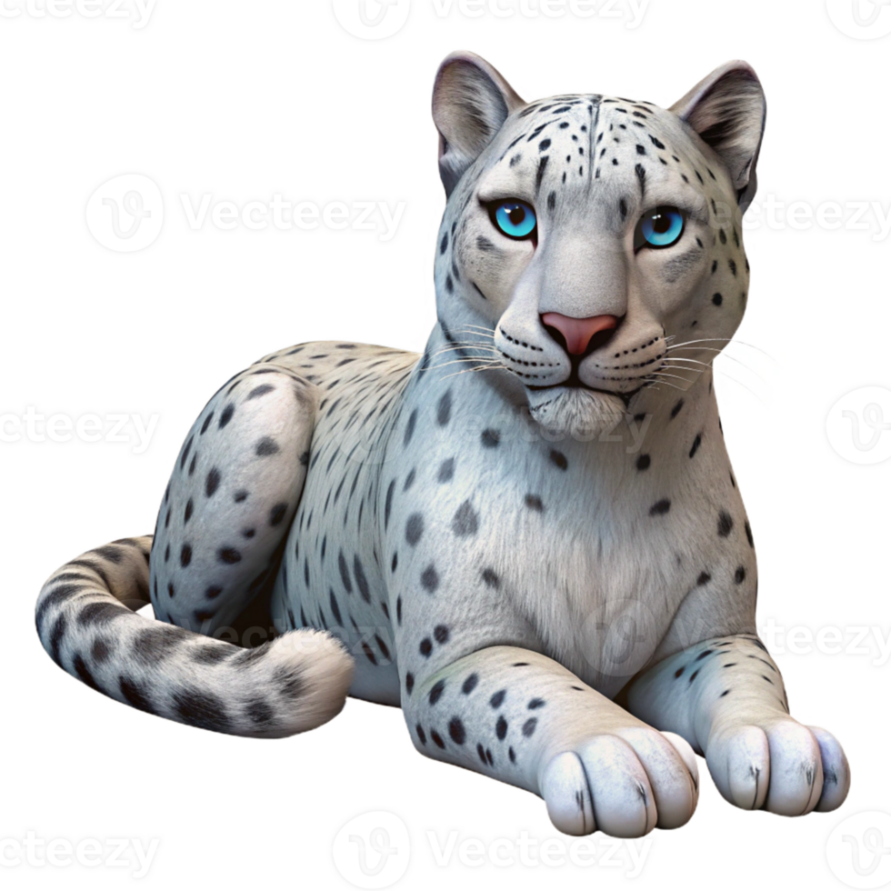 beautiful unforgettable Photorealistic, professional render, isolated cutout of a single snow leopard, lying down, looking forward with Transparent Background png