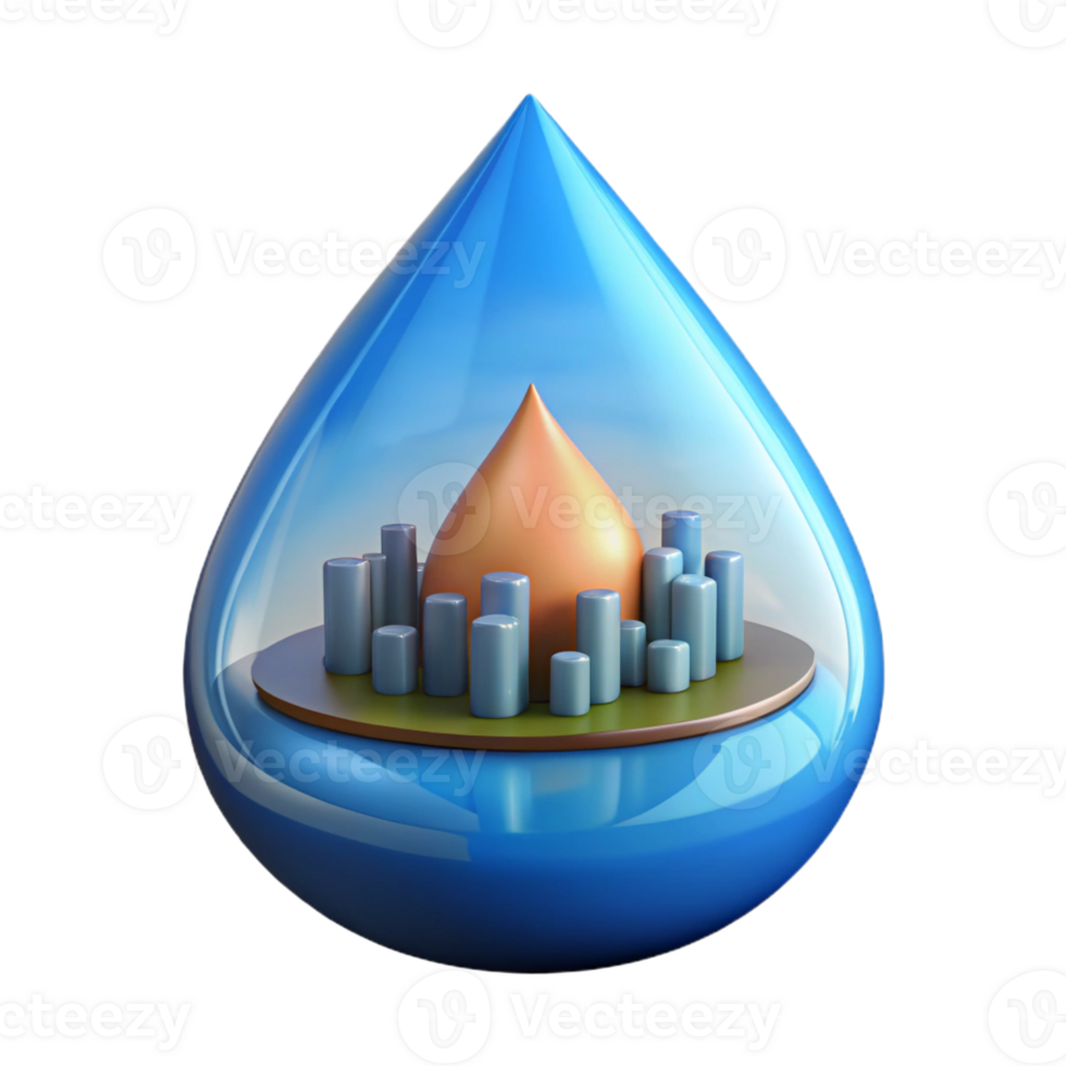acclaimed vintage Concept art style, isolated cutout of a single tear drop containing a miniature city skyline with Transparent Background high resolution png