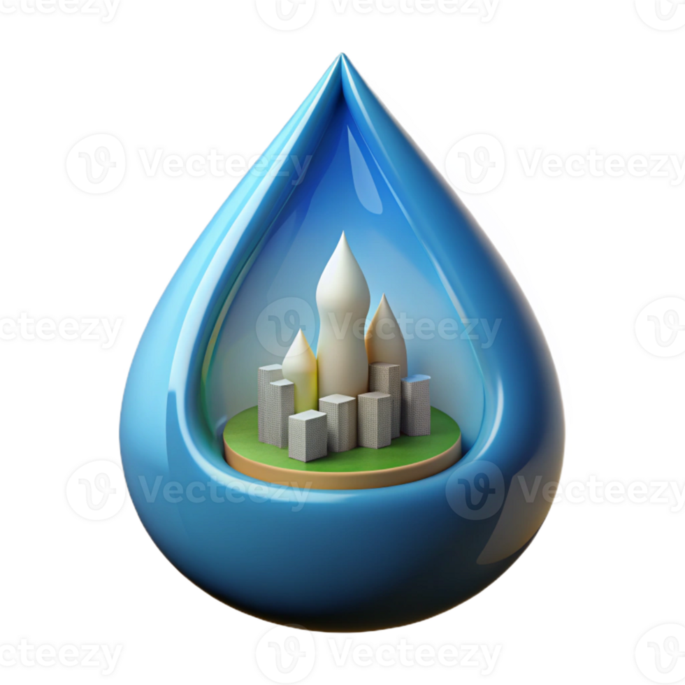 calm breathtaking Concept art style, isolated cutout of a single tear drop containing a miniature city skyline with Transparent Background elite png