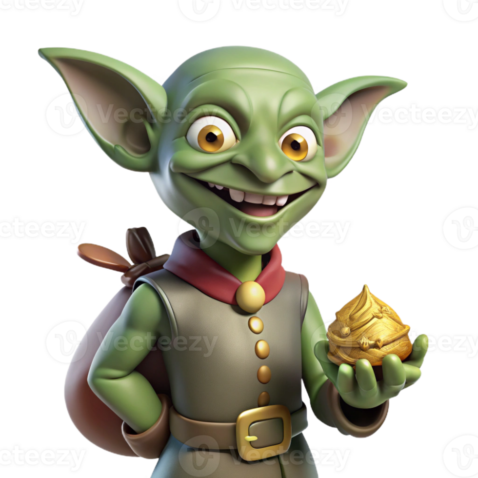 breathtaking futuristic A mischievous goblin with pointed ears, holding a pouch of gold, with Transparent Background expertly shot png