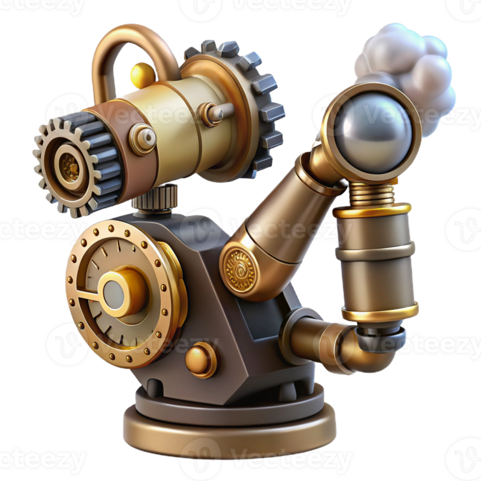 breathtaking nostalgic tropical Steampunk robotic arm with exposed gears and steam vents with Transparent Background studio quality png