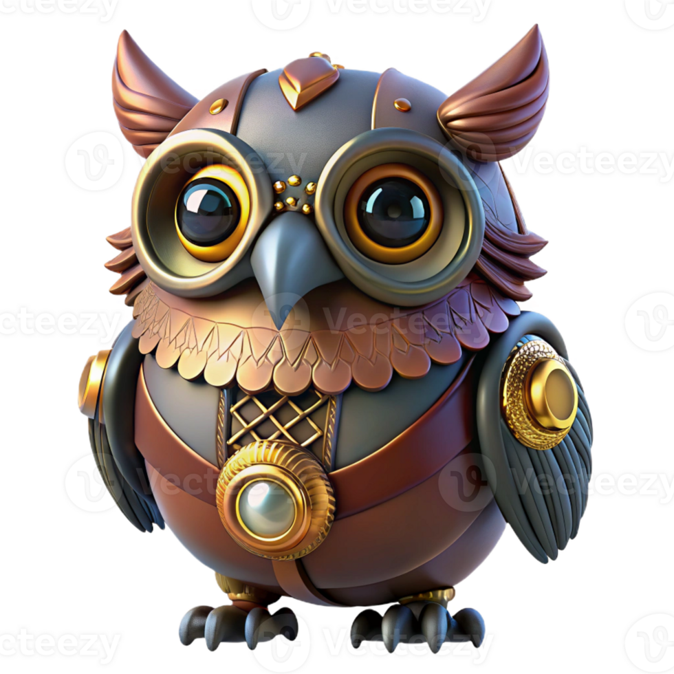 dynamic captivating Steampunk owl automaton with glowing eyes and intricate feathers with Transparent Background gallery standard png