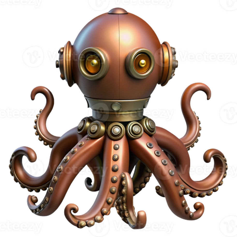 alluring victorian Steampunk octopus automaton with articulated tentacles with Transparent Background 8K png