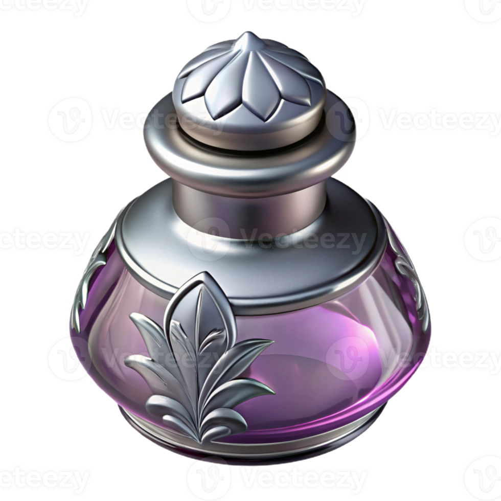 distinctive gothic Photorealistic, isolated cutout of an Art Nouveau inkwell, glass with a silver lid and a stylized floral design with Transparent Background perfect clarity png