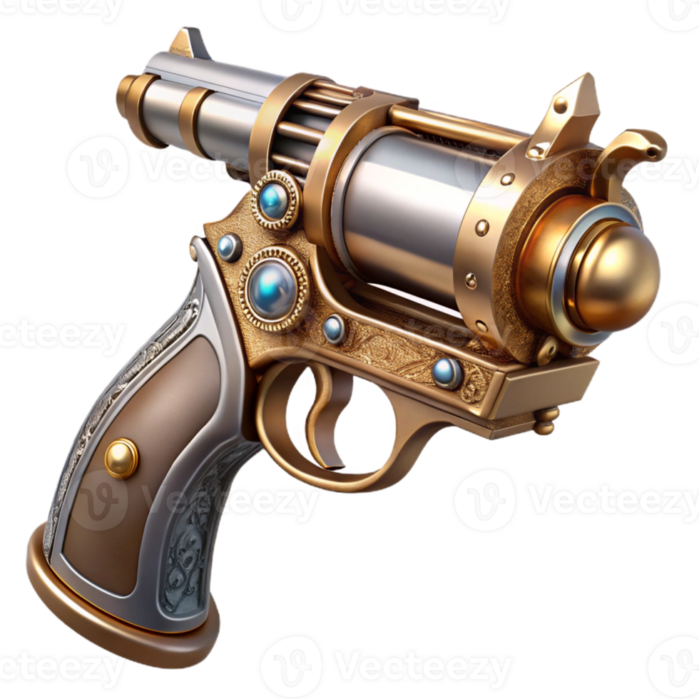 enchanting dynamic mid-century Steampunk pistol with ornate engravings and a pearl handle with Transparent Background detailed png