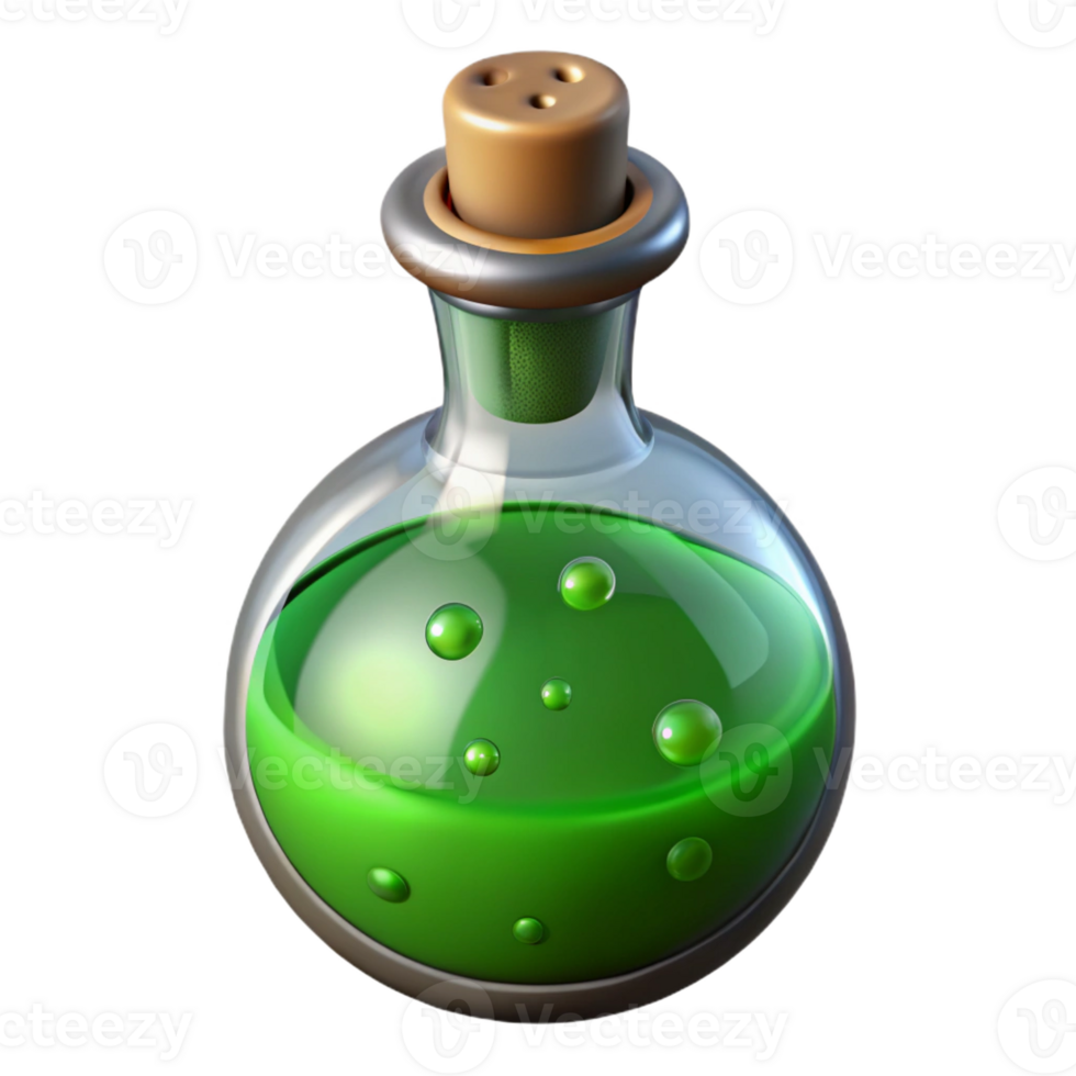 alluring signature A single, detailed, potion bottle with bubbling green liquid with Transparent Background png