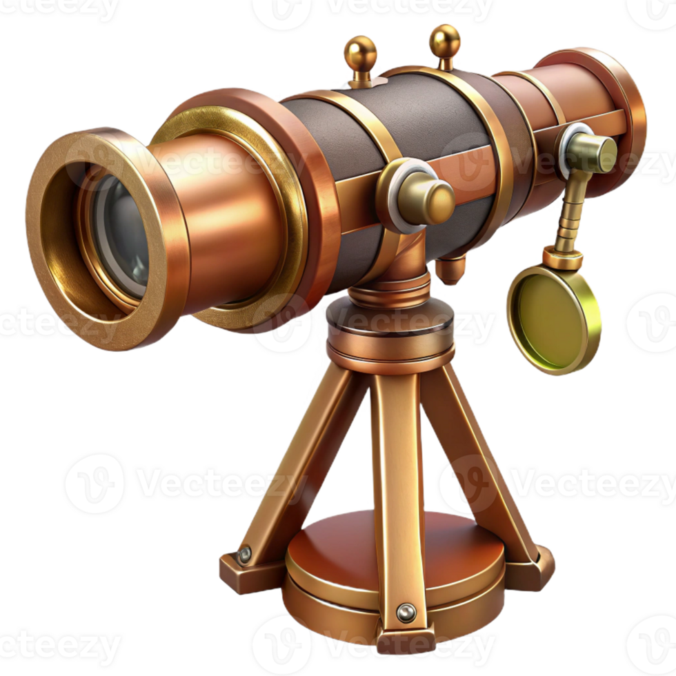exquisite harmonious tropical Steampunk telescope with brass and copper accents and a tripod mount with Transparent Background high resolution png