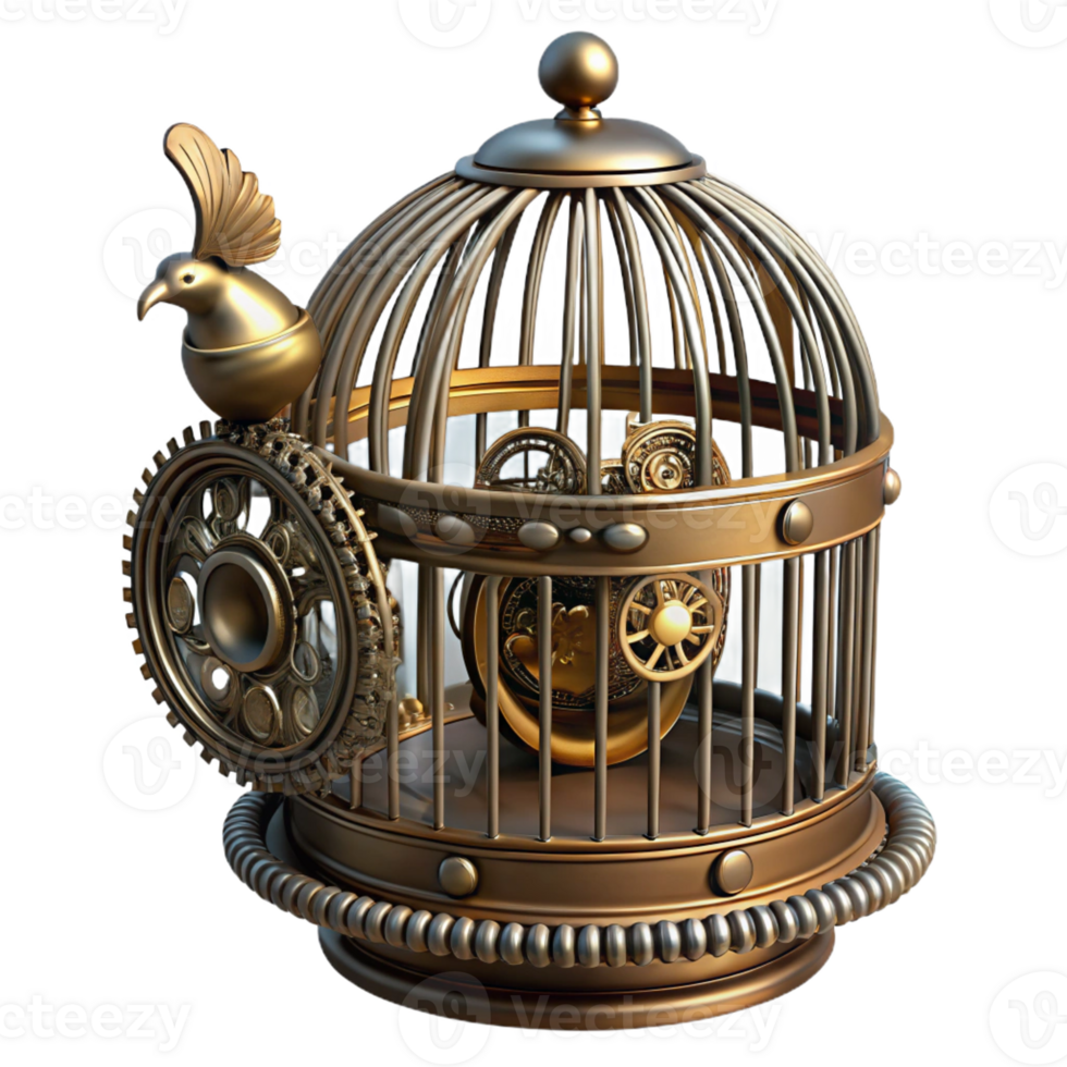 dramatic pristine Steampunk birdcage with intricate metalwork and a clockwork bird with Transparent Background 8K png