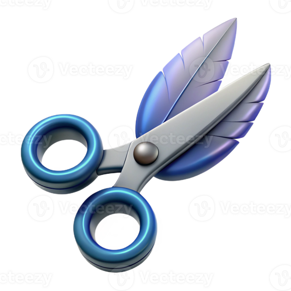 elegant melancholic modern Ultra-detailed, concept art style, isolated cutout of a levitating pair of scissors with blades made of razor-sharp feathers with Transparent Background handcrafted png