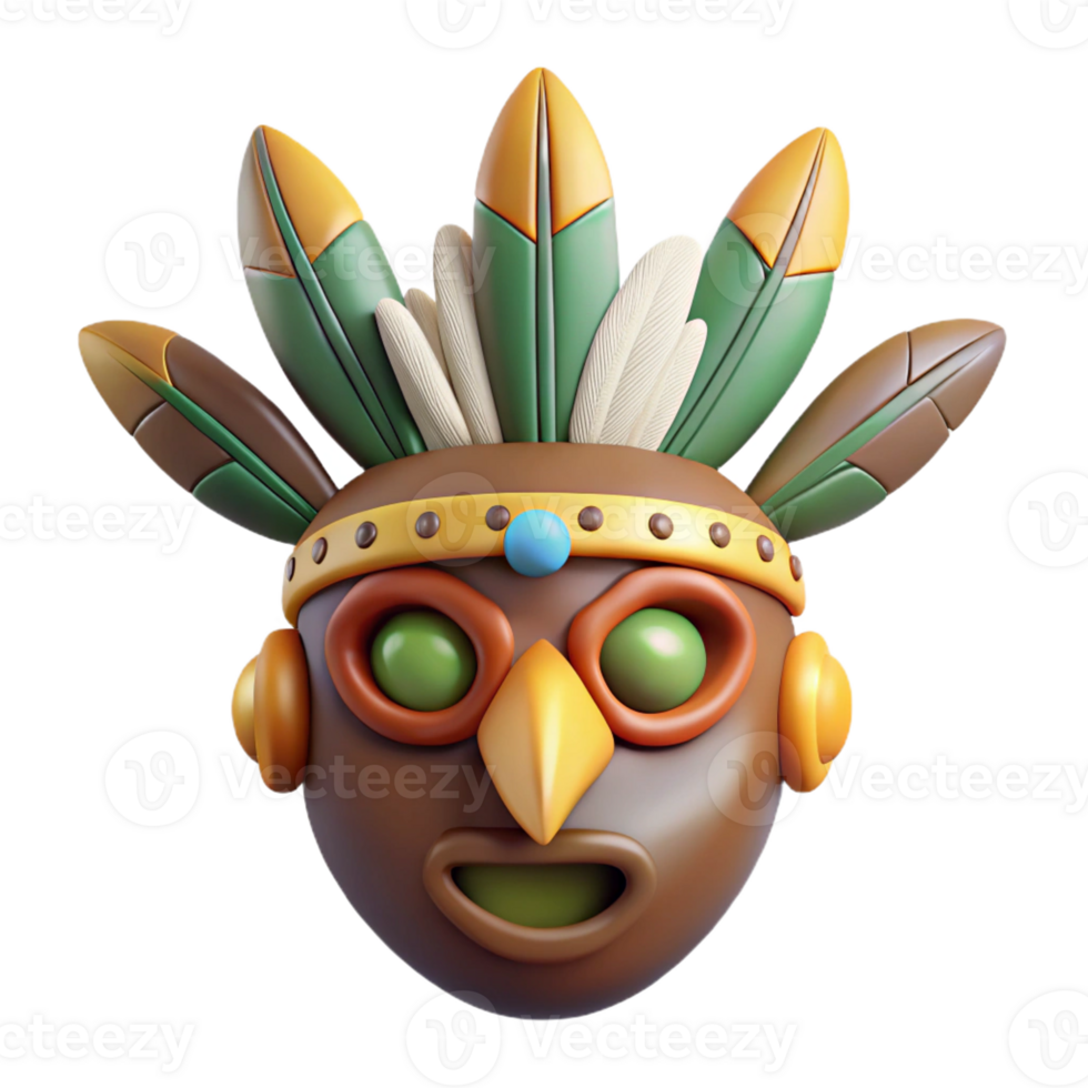 coveted art deco A stylized tribal mask with feathers and beads, with Transparent Background masterfully captured png
