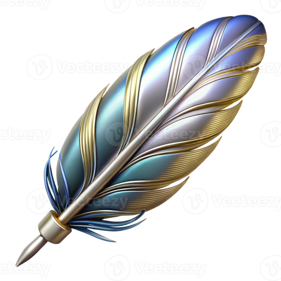 alluring quintessential Ultra-detailed, photorealistic isolated cutout of a biomechanical feather with metallic barbs with Transparent Background png