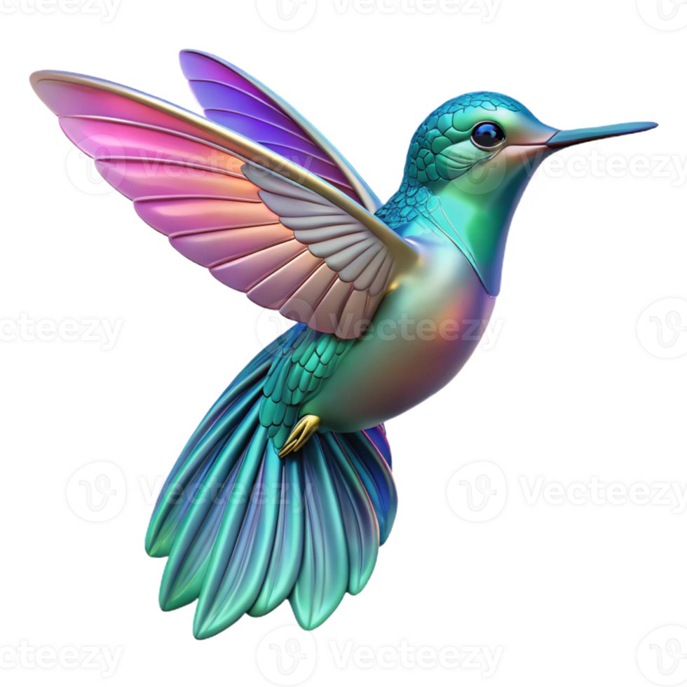 dazzling art deco Hummingbird, hovering, iridescent feathers with Transparent Background masterfully captured png