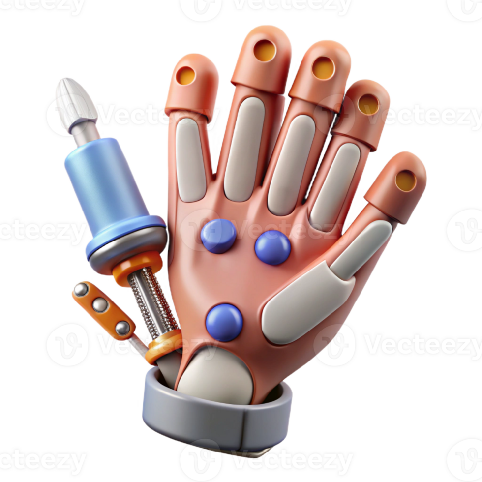 ethereal sumptuous Photorealistic, ultra-detailed isolated cutout of a biomechanical hand with interchangeable tools with Transparent Background perfect clarity png
