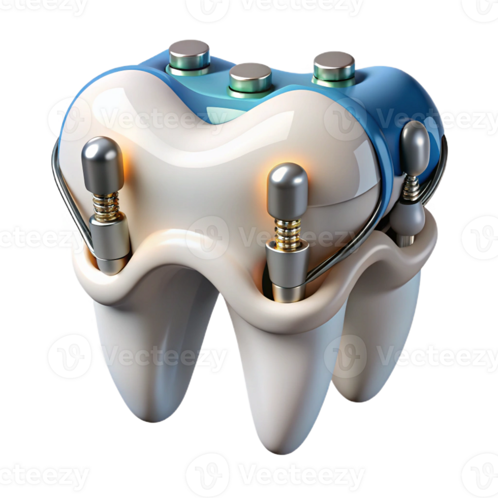 beautiful avant-garde Professional render, hyper-specific isolated cutout of a biomechanical tooth with internal sensors and drills with Transparent Background high quality png