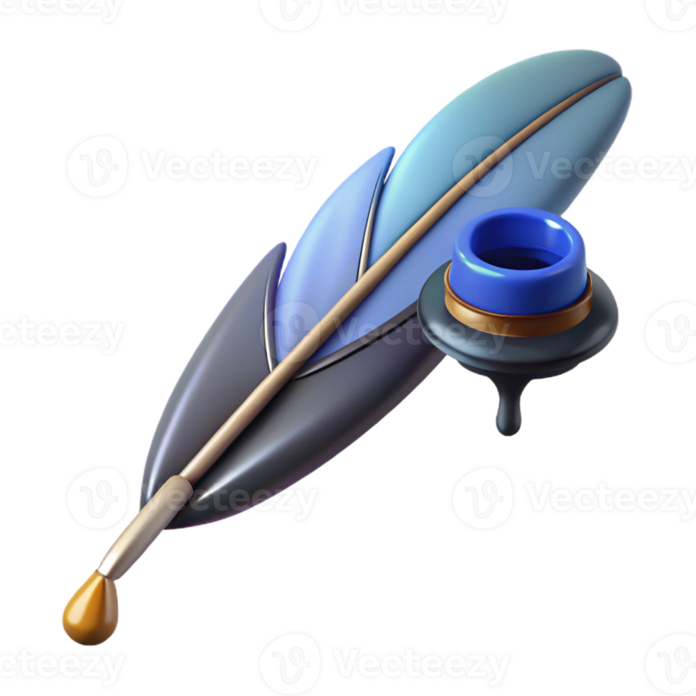 alluring dynamic geometric A single, stylized feather pen with ink dripping, with Transparent Background museum quality png