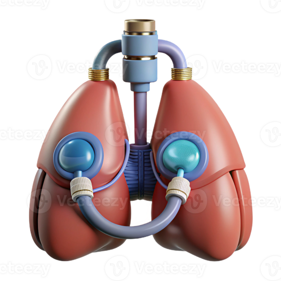 exemplary creative Hyper-specific, professional render of a biomechanical lung with filtration systems and oxygen tanks, isolated cutout with Transparent Background detailed png