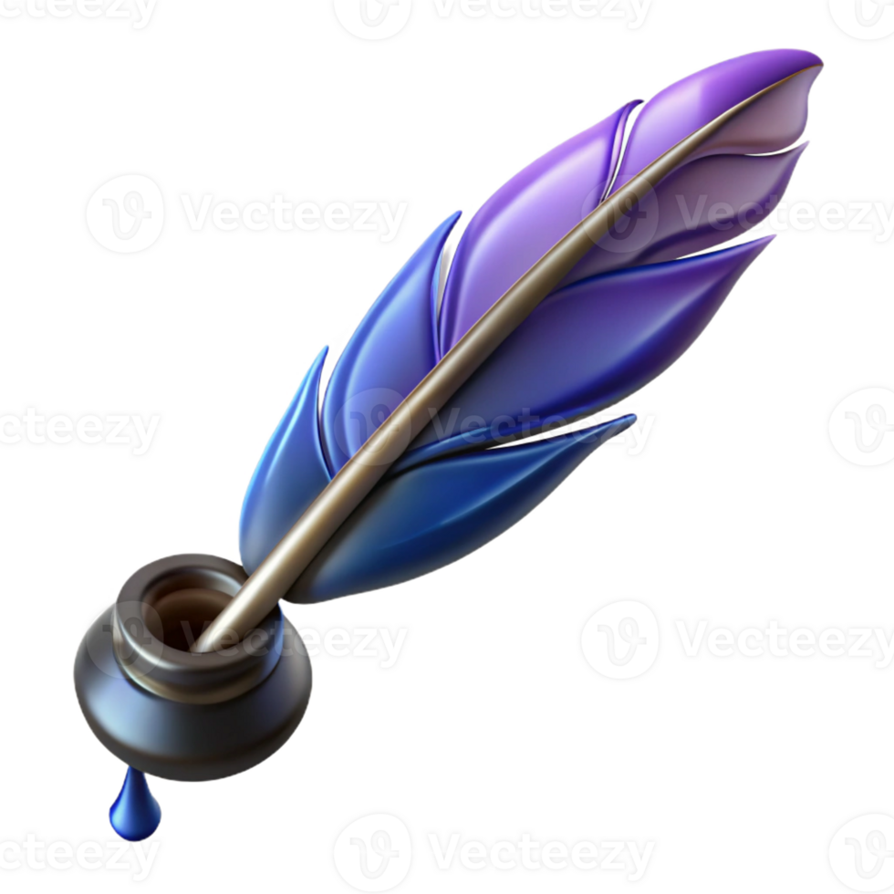 elegant memorable A single, stylized feather pen with ink dripping, with Transparent Background png